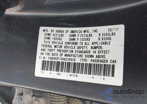 2017 Honda Accord Ex из США, поврежденный, VIN 1HGCR2F75HA236606